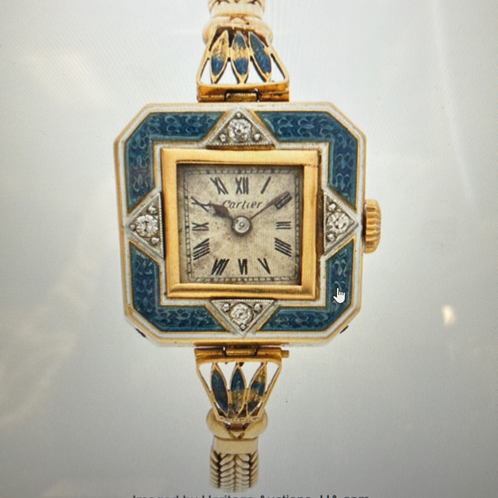 Cartier Art Deco Swiss with diamonds, enamel, platinum and gold watch